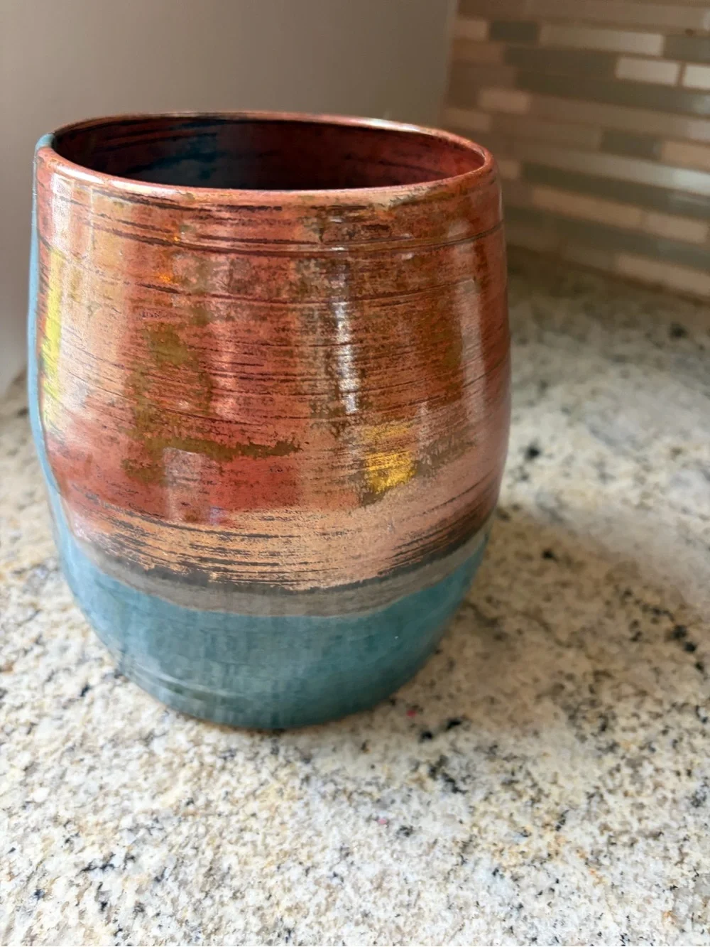 Studio Art VAMP Pottery Earthware Vase  Utensil Holder copper turquoise